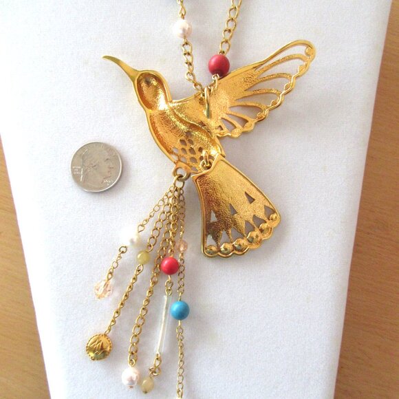 Gold tone enamel, bead & rhinestone hummingbird pendant signed MW - 7" length! - Picture 12 of 12